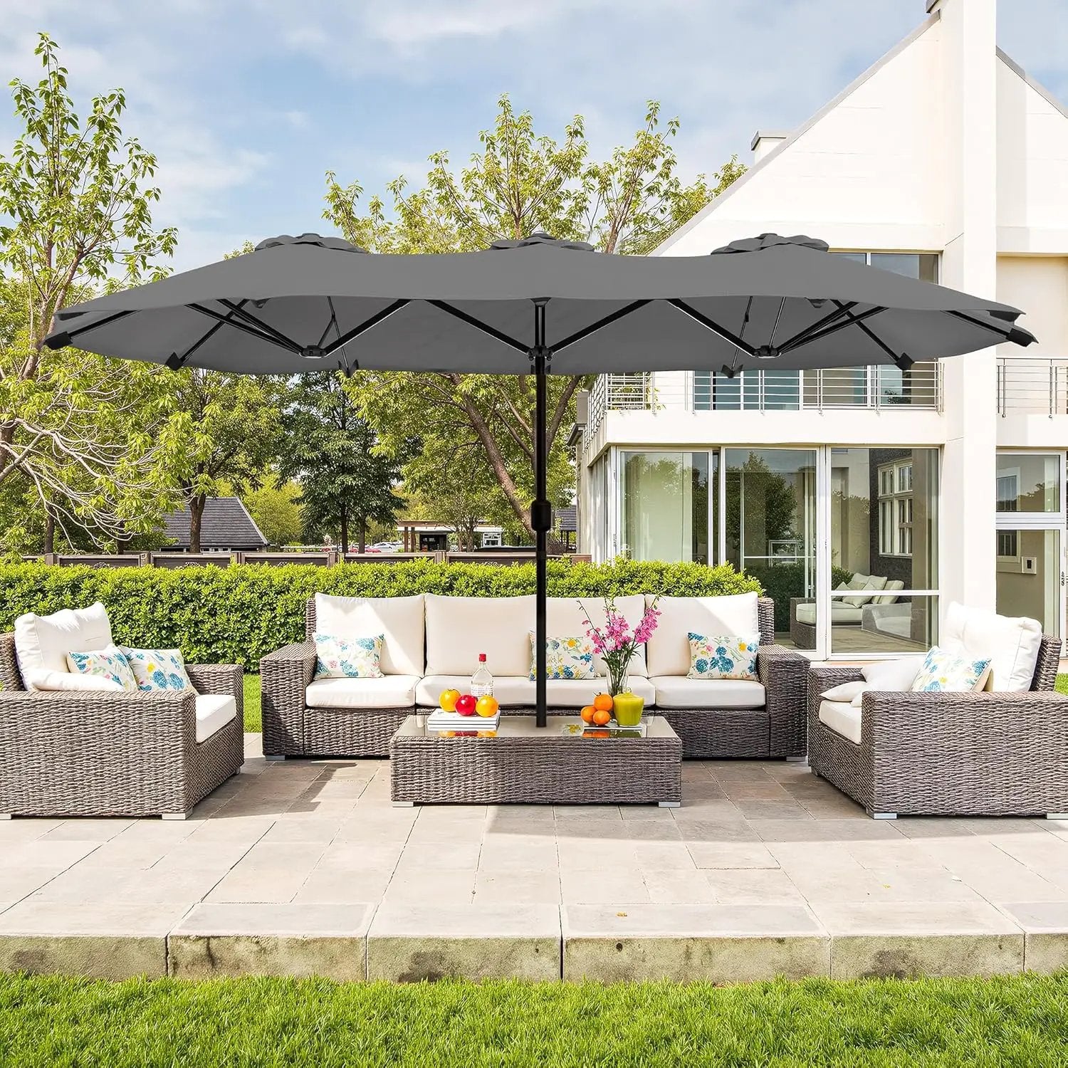 Vongrasig 15FT Large Patio Umbrella with Base Included, Outdoor Double sided Umbrellas with Crank Handle, Rectangle Table Umbrella for Pool Lawn Garden Market by GreenHaven Gardens