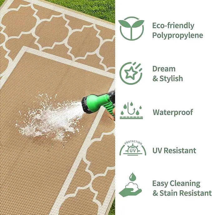 GENIMO 9' x 12' Outdoor Rug for Patio Clearance, Waterproof Indoor Outdoor Plastic Straw Rugs Carpet, Reversible Outside Area Rv Mat for Camping, Balcony Porch, Deck, Picnic, Beach (Brown & Beige) by GreenHaven Gardens