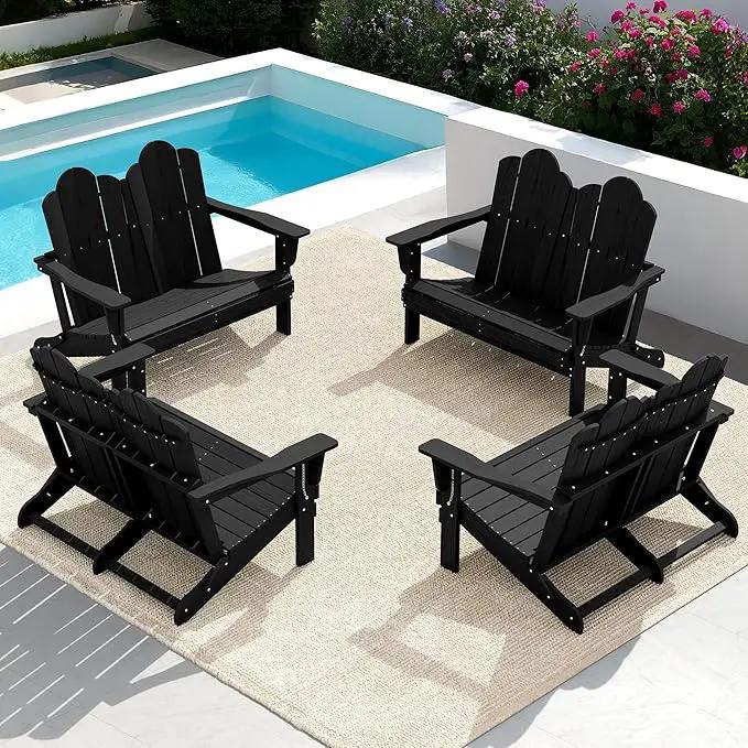 SERWALL 2 Person Adirondack Loveseat, HDPE All-Weather Folding Adirondack Bench Chair, Outdoor Adirondack Chair Set of 4, Black by GreenHaven Gardens
