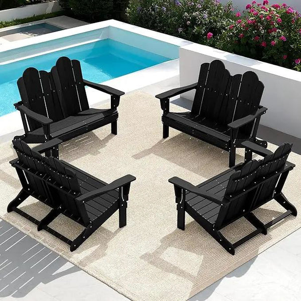 SERWALL 2 Person Adirondack Loveseat, HDPE All-Weather Folding Adirondack Bench Chair, Outdoor Adirondack Chair Set of 4, Black