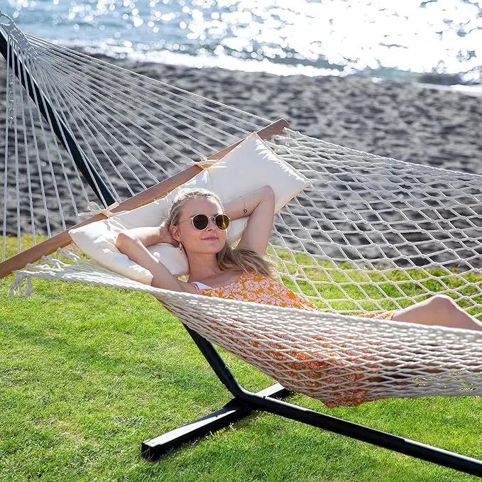 SUNCREAT Double Outdoor Hammock with Stand Included, Portable Cotton Rope 2 Person Hammock for Outdoor, Patio, Garden, Backyard, Beige by GreenHaven Gardens
