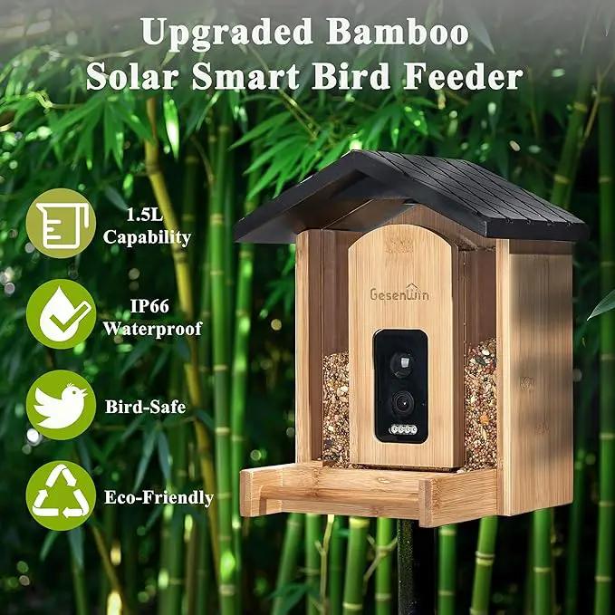 Smart Bird Feeder with Camera for Wild Birds - Identifies 11,000+ Species, Solar Panel Wireless Outdoors Bamboo Birdhouse with Cam, 2K HD Live Video & Instant Alerts - Bird Lover Gifts by GreenHaven Gardens