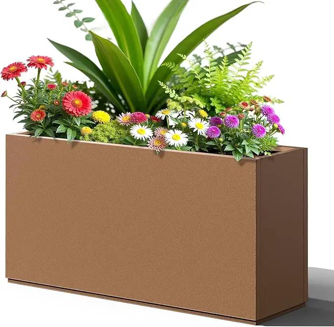FENCY Metal Rectangular Planter Box, Large Planters for Outdoor Plants, Tall Planters for Outdoor Plants with Drainage Holes (32" L x 10" W x 16.3" H,Brown) by GreenHaven Gardens