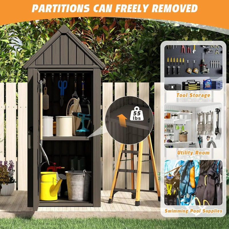 Shed Outdoor Storage Shed with Sloping Roof and Lockable Door, Resin Outdoor Storage Box Cabinet Waterproof and Multiple Hooks for Backyard, Patio, Poolside, Grey by GreenHaven Gardens
