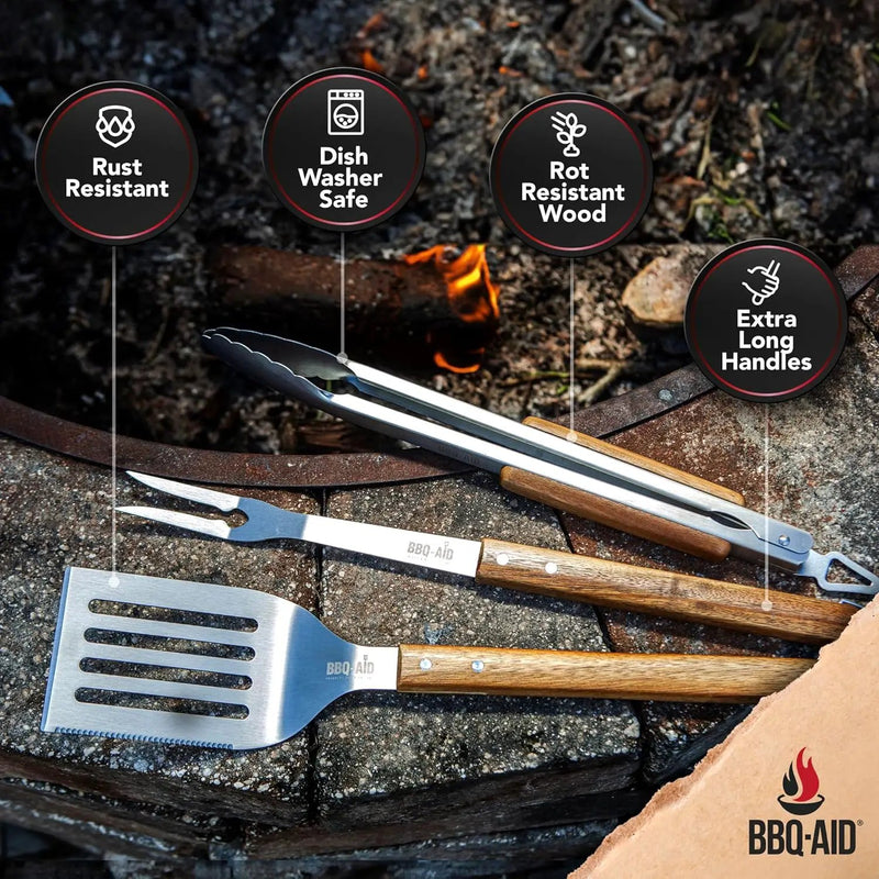 3 Piece BBQ Grilling Accessories Set - BBQ Tongs Spatula Fork Set - Heavy Duty Stainless Steel Barbecue Grill Tools with Solid Hard Wood Handles Great Gift Set by GreenHaven Gardens