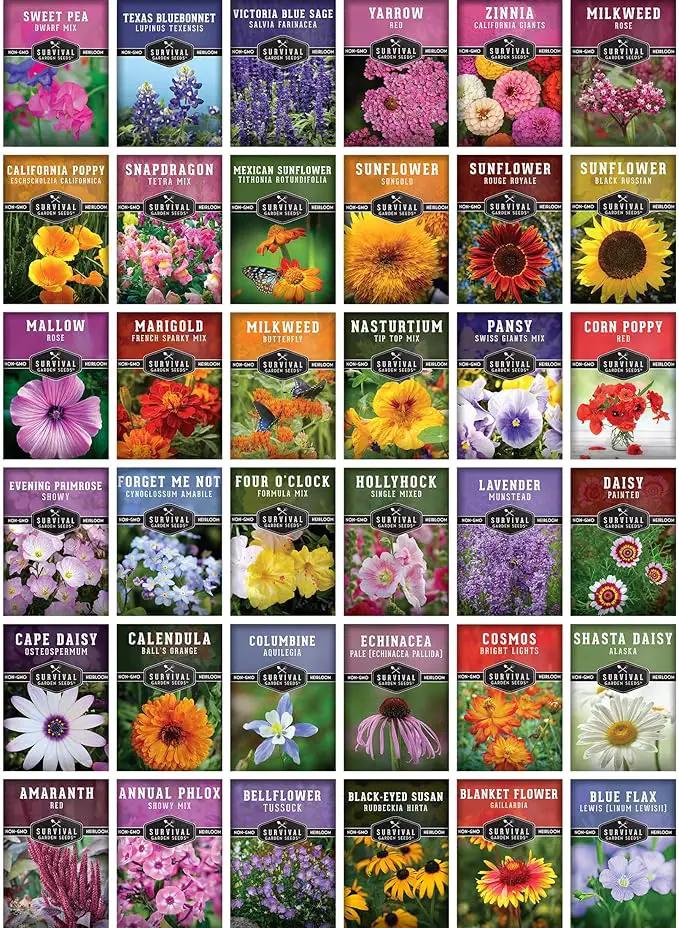 Survival Garden Seeds Functional Flower Garden Kit | 36 Pack Seed Starter Collection | Bee, Butterfly, Hummingbird, Pollinator-Friendly Blooms | Non-GMO Heirloom Beneficial Flowers & Wildflowers by GreenHaven Gardens