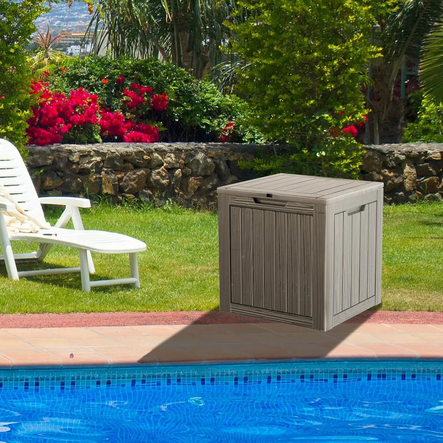 35 Gallon Waterproof Large Resin Deck Box Indoor/Outdoor Lockable Storage Container and Seating for Garden, Pool, and Patio (35 Gallon, Grey) by GreenHaven Gardens