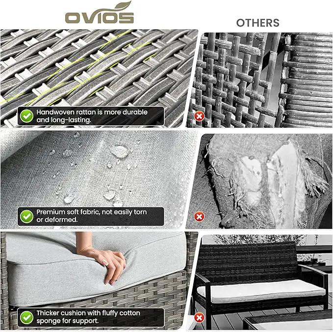 ovios 6 Pieces Patio Furniture Set with 54" Fire Pit Table, Outdoor Wicker Sofa with Comfy Cushions, All Weather High Back Rattan Couch Conversation Set, Grey by GreenHaven Gardens