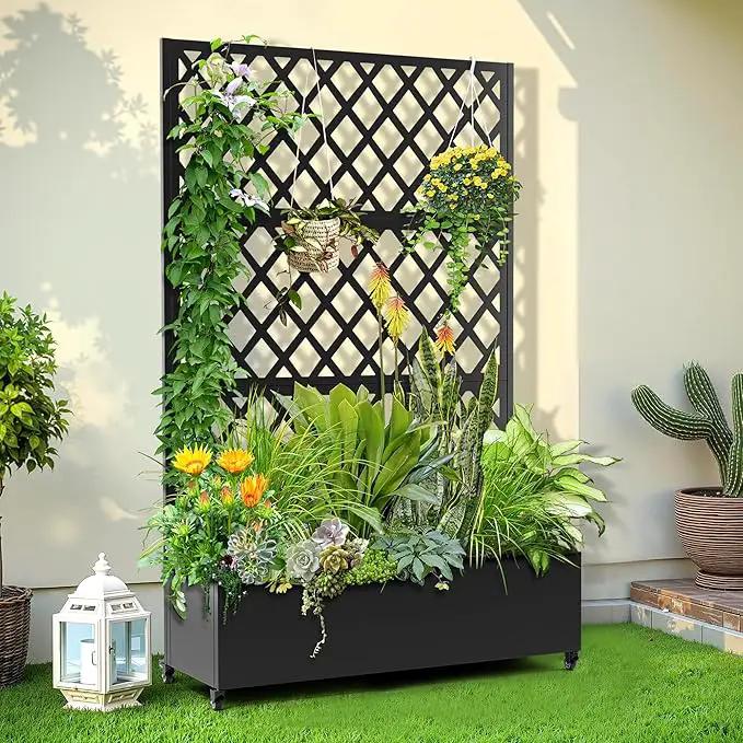 Metal Planter Trellis Box with Wheels & Drain Plug Outdoor Raised Garden Bed Patio Privacy Screen with Planter for Climbing Plants, Vegetables 73"x47"x16" Black-Diamond by GreenHaven Gardens