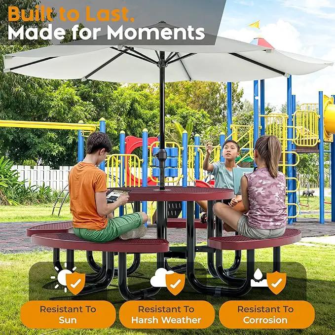 Metal Picnic Tables for Kids for Outdoors with Umbrella Hole - Coated Steel Heavy Duty Commercial Grade Table with Adjustable Seats (Red, 38 in, Kids, Expanded Steel) by GreenHaven Gardens
