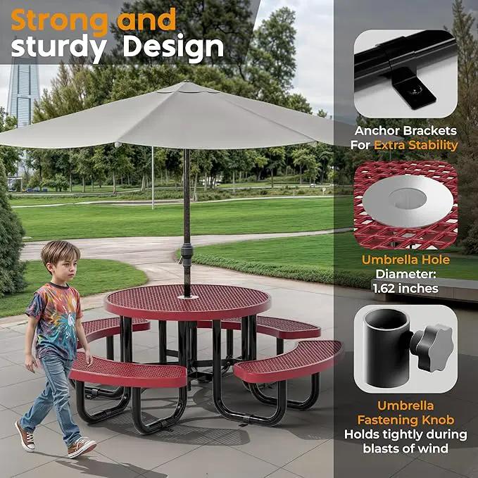 Metal Picnic Tables for Kids for Outdoors with Umbrella Hole - Coated Steel Heavy Duty Commercial Grade Table with Adjustable Seats (Red, 38 in, Kids, Expanded Steel) by GreenHaven Gardens