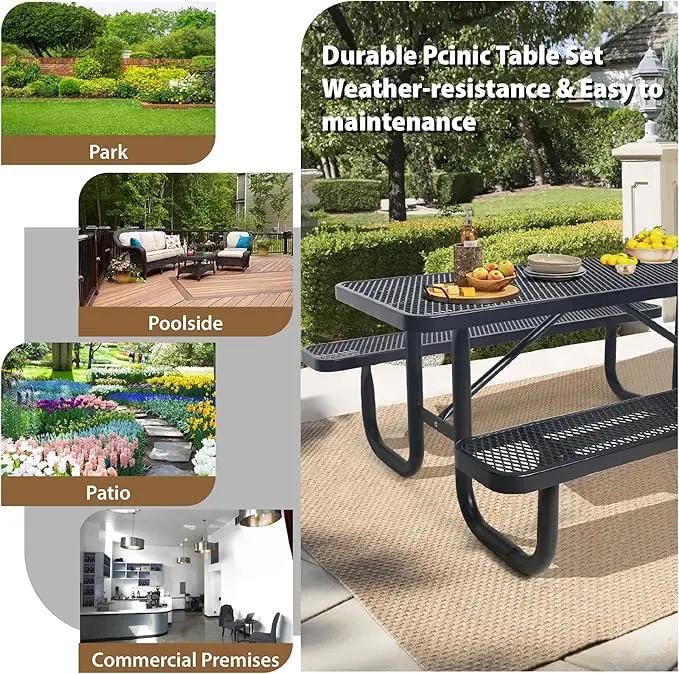 4FT Metal Picnic Tables for Outdoors, Commercial Rectangular Picnic Table and Bench Set for Outside, Patio, Garden, Backyard, Porch, Surface Mount, Black by GreenHaven Gardens
