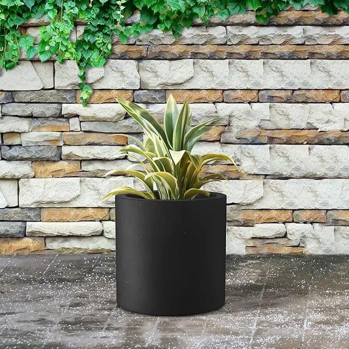 Kante 9.8" Dia Round Concrete Planter, Modern Style Large Cylindrical Plant Pot with Drainage Hole and Rubber Plug for Indoor Outdoor Patio, Black by GreenHaven Gardens