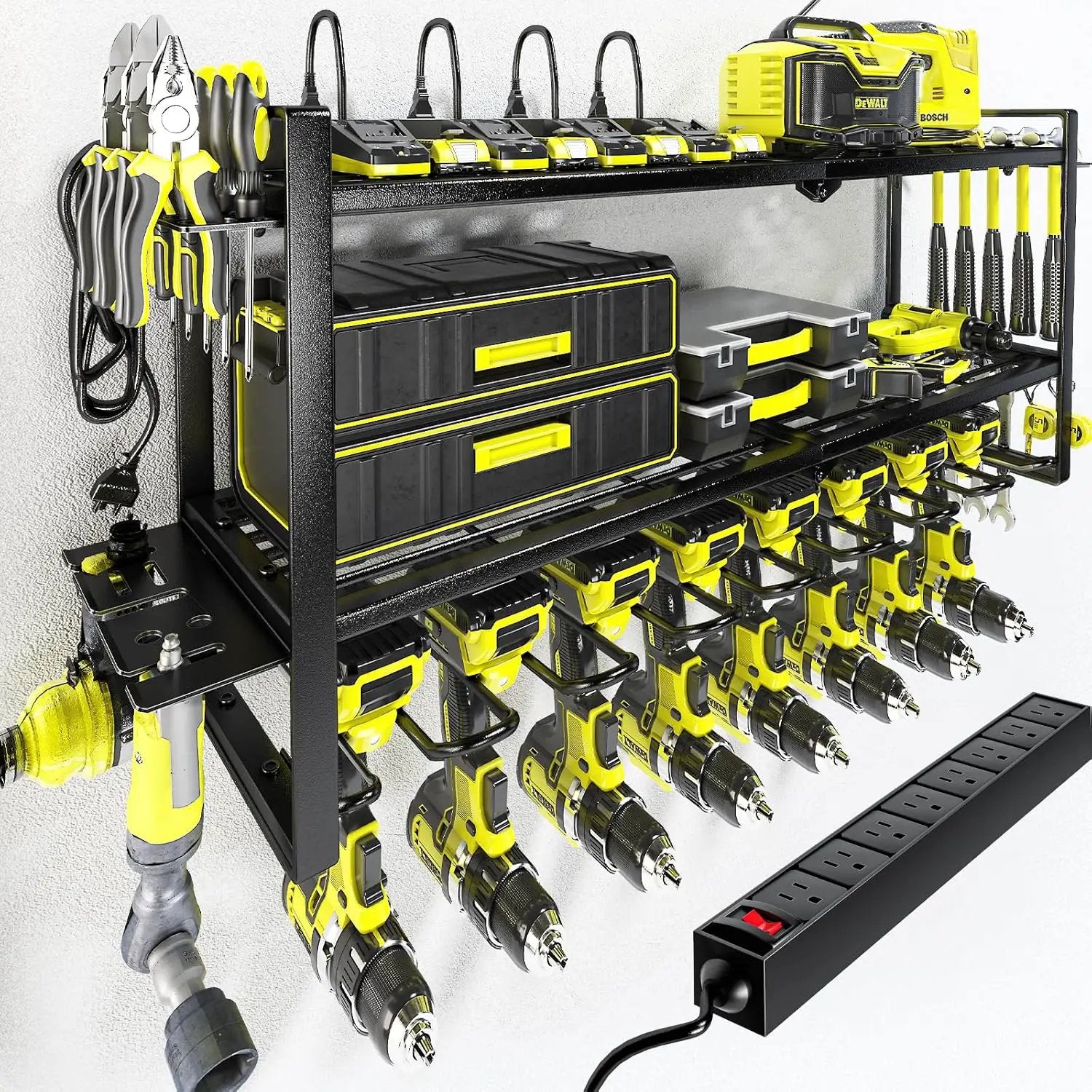 KAFAHOM Power Tool Organizer with Charging Station. 8 Drill Holder 3 Layers Tool Storage Shelf Wall Mount Built in 8 Outlet Power Strip.Tool Battery Holder with Screwdriver/Hammer by GreenHaven Gardens