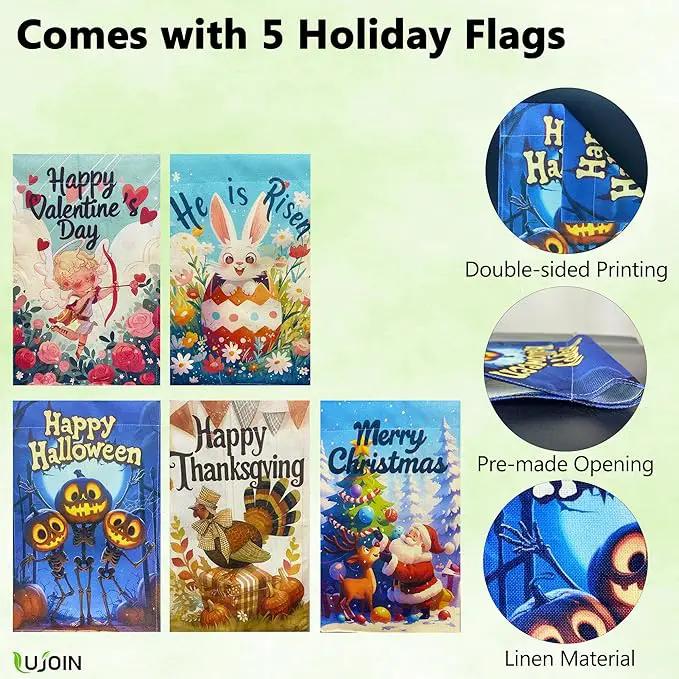 DIY Solar Garden Flag Stand with 5 Holiday Flags, Universal LED Board for DIY a Lighted 12"x18" Flag, Including Valentines Day, Easter Day, Halloween, Thanksgiving Day & Christmas Flags by GreenHaven Gardens