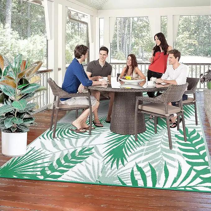 Outdoor Rug 8'x10' Waterproof for Patios Clearance, Reversible Outdoor Plastic Straw Rug Camping Carpet, Outside Floor Mats Large Area Rugs for RV,Patio,Deck,Porch, Beach,Balcony,Green&White by GreenHaven Gardens