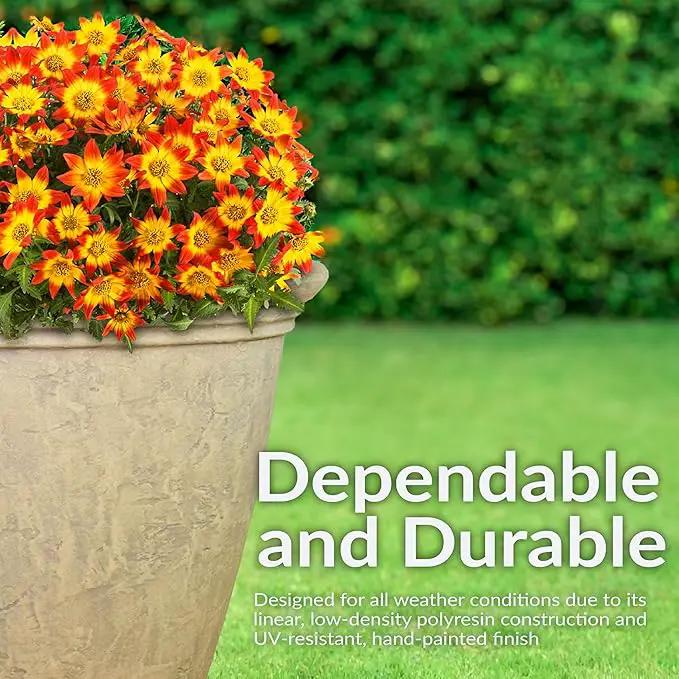 Sunnydaze 24-Inch Anjelica Large Plastic Pot for Plants - Outdoor Polyresin Round Planter with Drillable Drainage Holes - Beige - 4pk by GreenHaven Gardens