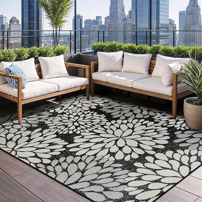Beverly Rug Outdoor Rug 6x9 Modern Exotic Tropical Leaf Area Rugs for Indoor and Outdoor Patio Deck Porch Garden Water Resistant Washable Outside Carpet (6 x 9 Dark Gray) by GreenHaven Gardens