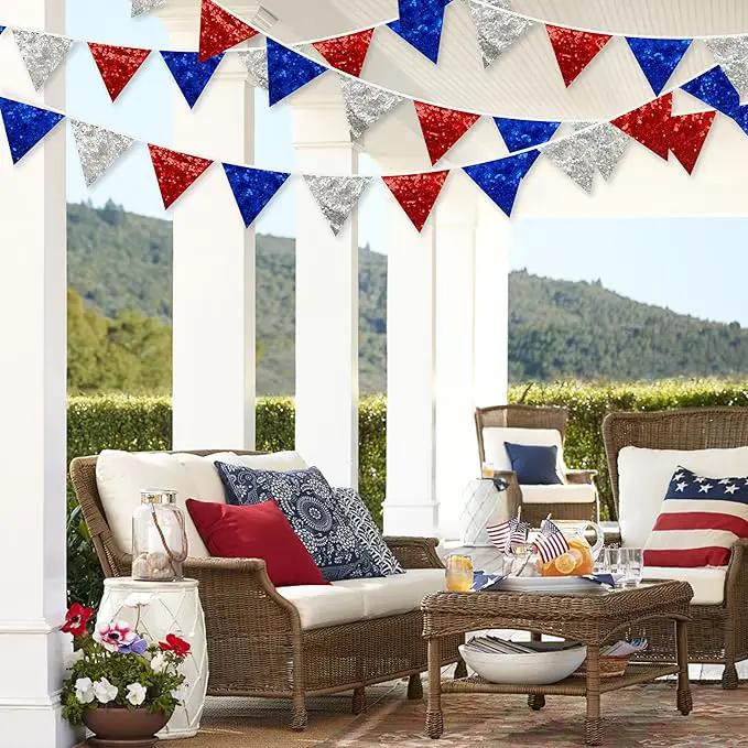 pinkblume Red Blue Silver Decorations Double Sided Sequin Fabric Triangle Pennant Banner Flag Bunting Garland for Nursery Classroom Home Bedroom Wall 4th of July American Veterans USA Holiday Decor by GreenHaven Gardens