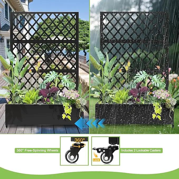 Metal Planter Trellis Box with Wheels & Drain Plug Outdoor Raised Garden Bed Patio Privacy Screen with Planter for Climbing Plants, Vegetables 73"x47"x16" Black-Diamond by GreenHaven Gardens