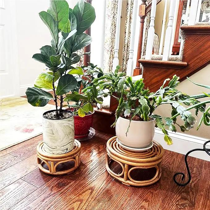 Set of 2 Boho Rattan Woven Round Decorative Risers Plant Stands Indoor, Mid Century Minimalist Modern Plant Stand, Wicker Short Plant Stand Holder Suitable Fits 8'' and 12'' Pots by GreenHaven Gardens