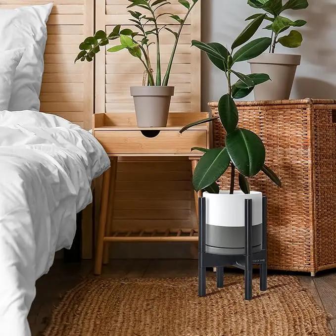 D'vine Dev Ceramic Planter with Ebony Stand - 8 Inch Modern Round Flower Pot with Wood Planter Holder, White/Grey, 55-B-M-6 by GreenHaven Gardens