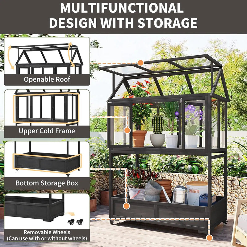 Portable Wooden Cold Frame Greenhouse with Wheels - 47" Mini Greenhouse with Adjustable Roof, Storage Box & Polycarbonate Panels - Plant Protector for Seedlings, Herbs & Winter Gardening (Black) by GreenHaven Gardens