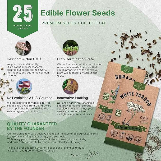 Organo Republic 25 Edible Flower Seeds Variety Pack- Indoor/Outdoor. 8000+ Non-GMO Heirloom: Anise, Hyssop, Nasturtium, Pansy, Echinacea, Lavender, Chives Seeds & More by GreenHaven Gardens