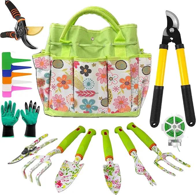 Gardening Tools – 42 Piece Premium Gardening Tool Set,Heavy Duty Hand Tools with Fashion Garden Tools Organizer Handbag,Rust-Proof Gardening Tool Kit, Ideal Gardening Gifts for Women(Pink Floral) by GreenHaven Gardens