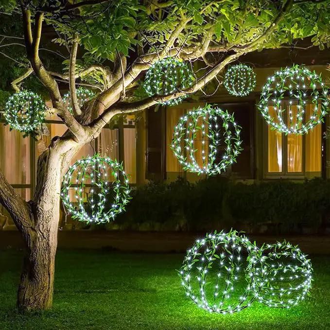 Solar Powered Hanging Iron Sphere Lights with Artificial Greenery – 12Inch 120 LED Waterproof Outdoor Decor Ball Light with Timer & 8 Modes – 2 Pack for Garden, Christmas, Weddings (Cool White) by GreenHaven Gardens