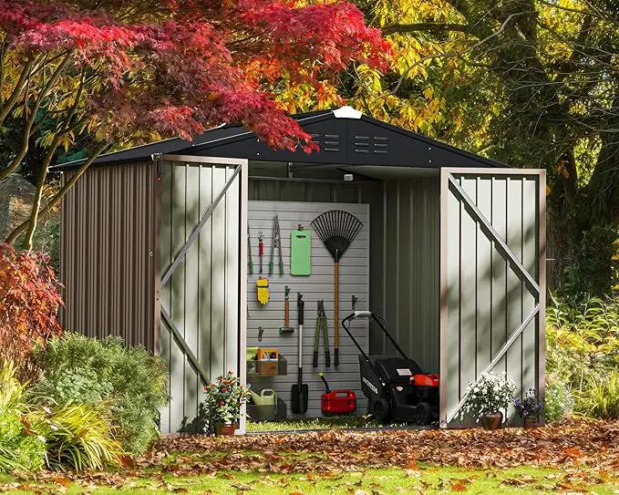 Greesum Outdoor Storage Shed 6 x 8 ft. Utility Tool Shed Metal Storage Garden Shed with Door & Lock for Patio Storage, Brown by GreenHaven Gardens