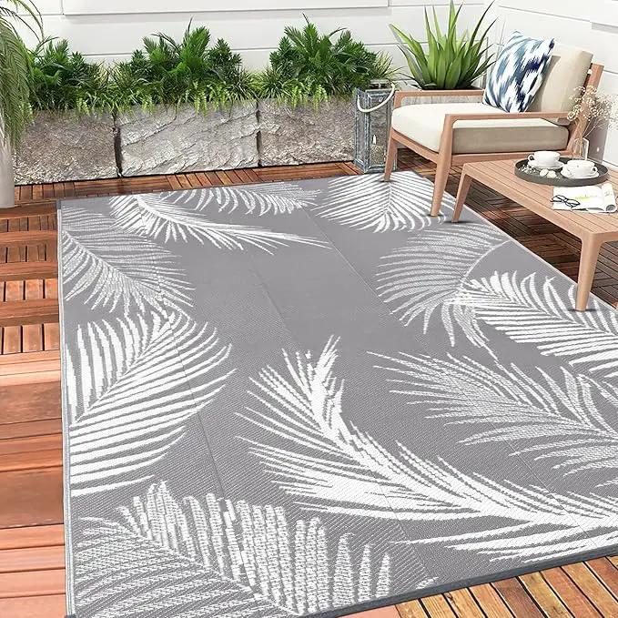 Pauwer Outdoor Rug, 6'x9', Leaf Grey, Reversible, Waterproof, Polypropylene, Lightweight, RV Mat, Patio Decor by GreenHaven Gardens