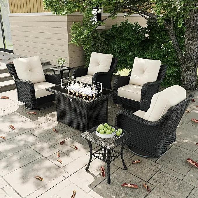7 Pieces Outdoor Patio Furniture Sets with Rocking Swivel Chairs with 6-inch Thick Cushion and Fire Pit Table for Deck Lawn by GreenHaven Gardens