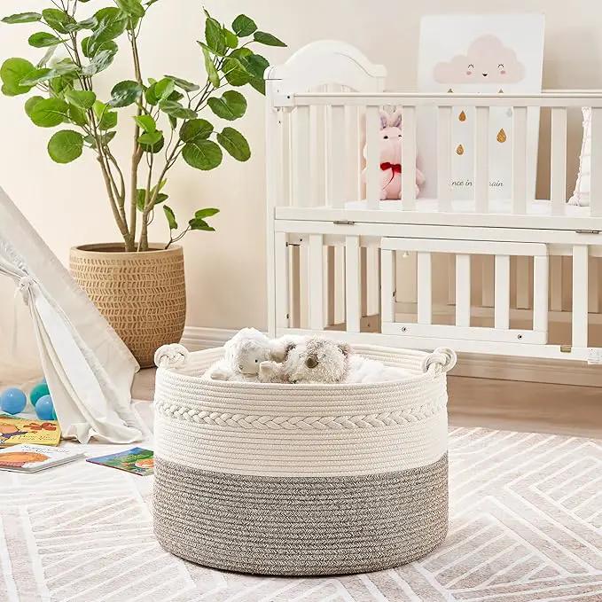 KAKAMAY Large Blanket Basket (20"x13"),Woven Baskets for storage Baby Laundry Hamper, Cotton Rope Blanket Basket for Living Room, Laundry, Nursery, Pillows, Baby Toy chest (White/Beige) by GreenHaven Gardens