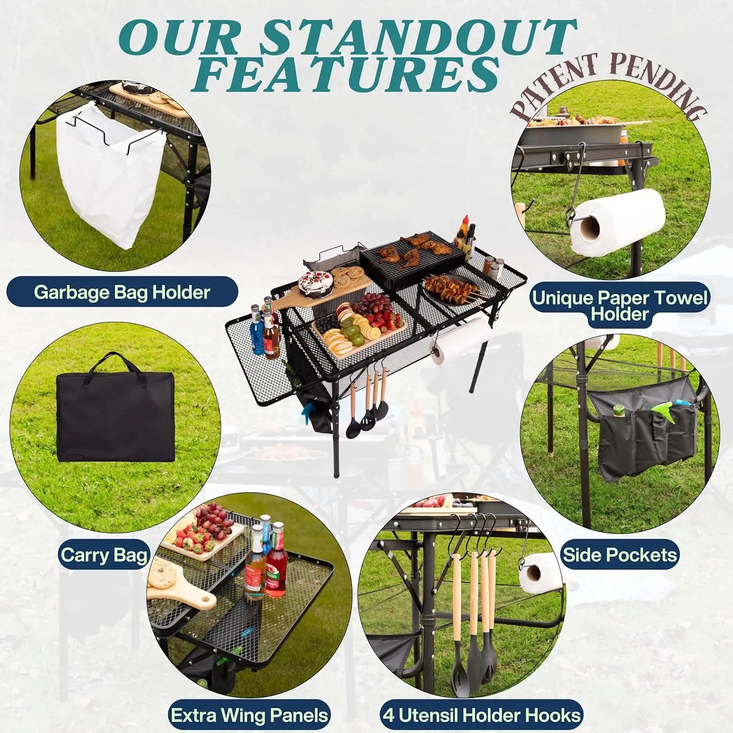 Folding Table w/ Carry Bag, Paper Towel Holder, Garbage Holder, Wing Panels, 3x2 FT Foldable Table for Portable Grill, Picnic, Outdoor, Beach, Small Folding Table Adjustable Height,Camping Table, BBQ by GreenHaven Gardens