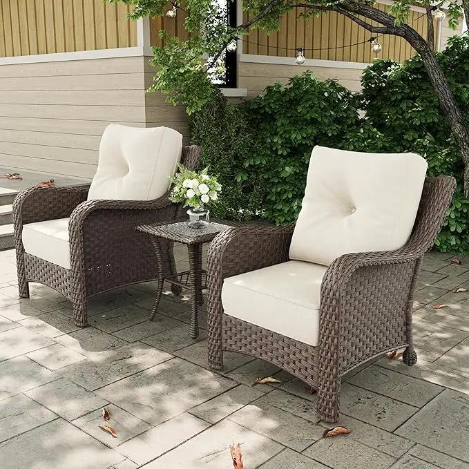 3 Pieces Outdoor Patio Furniture Sets with Single Chairs with 6-inch Thick Cushion and Side Table for Deck Lawn by GreenHaven Gardens