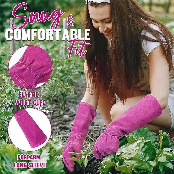 HANDLANDY Ladies Thorn Proof Gardening Gloves, Long Gauntlet Heavy Duty Garden Gloves, Elbow Length Women Leather Rose Pruning Glove (Large, Rosy) by GreenHaven Gardens