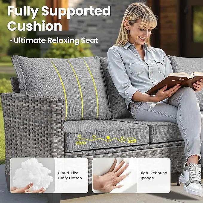 ovios 6 Pieces Patio Furniture Set with 30" Fire Pit Table, Outdoor Wicker Sofa with Comfy Cushions, All Weather High Back Rattan Couch Conversation Set, Dark Grey by GreenHaven Gardens