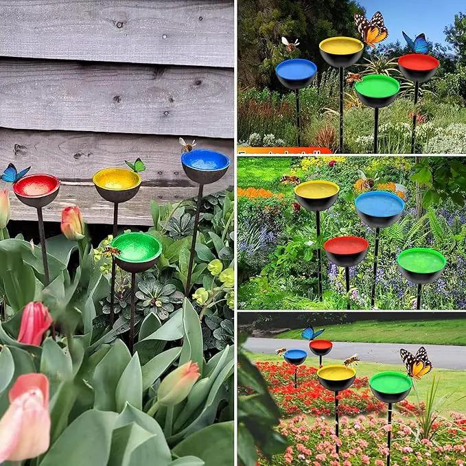 HLMOptimo 2 Packs/4 Packs Bee Watering Stations, Bee Cups for Garden, Bee Butterfly Water Station Bee Waterer, Metal Garden Stakes for Outdoor Garden Courtyard Decor (Yellow and Blue) by GreenHaven Gardens