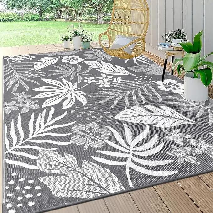 Pauwer Waterproof Outdoor Rug 8x10, Reversible Plastic Straw Patio Camping Rug, Indoor Outdoor RV Mat Carpet for Deck, Camper, Porch, Balcony, Backyard, Picnic, Floral Grey by GreenHaven Gardens