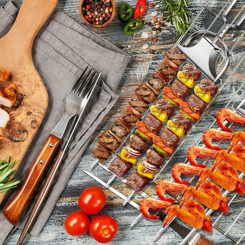 6PCS Kabob Skewers for Grilling, 14'' Stainless Steel 3-prong Metal Kebab Grill Skewers with Push Bar Slider, Skewer Sticks for Meat Veggies Shrimp Marshmallows Fruits, BBQ Barbecue Accessories by GreenHaven Gardens