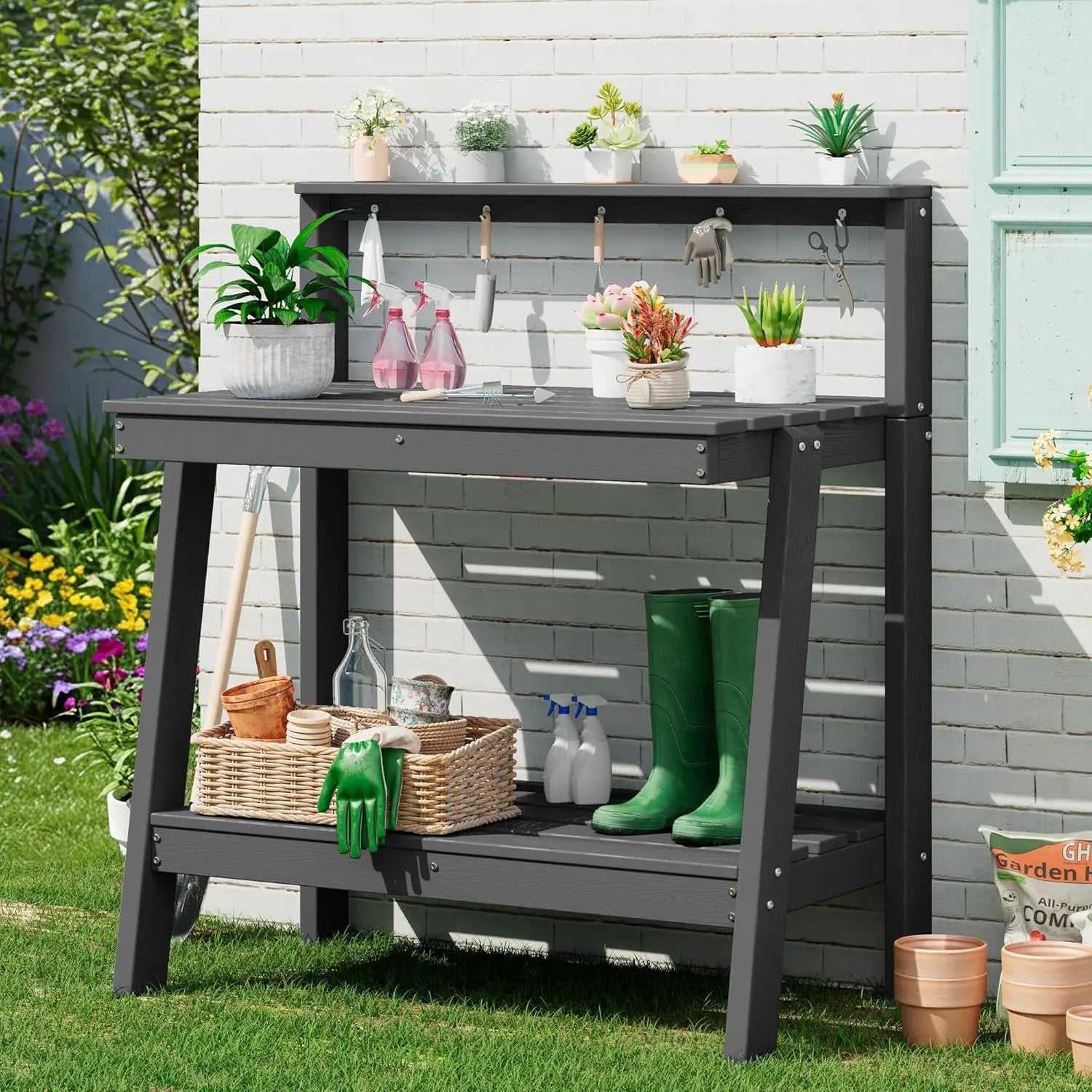 SERWALL Potting Bench Outdoor with Storage, 3-Tier HDPE Gardening Table with Angled Legs & Tool Hooks, All-Weather Heavy Duty Potting Table for Patio, Backyard, Garden, Gray by GreenHaven Gardens