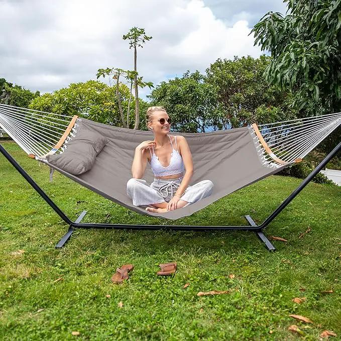 SUNCREAT Hammocks Portable Hammock with Frame, Backyard Double Hammock with Curved Spreader Bar, Brown by GreenHaven Gardens