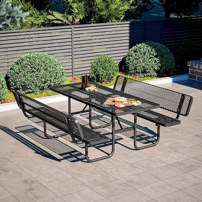79'' Steel Rectangular Picnic Table for Outdoors, with backrest, Expanded, Lifetime Picnic Table with Umbrella Hole, Heavy Duty Sturdy Commercial Picnic Tables for Garden Courtyard BBQ, Black by GreenHaven Gardens