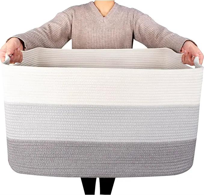 MINTWOOD Design 22in Extra Large Blanket Basket Holder Living Room, Rectangle Rope Woven Storage Basket with Handles for Laundry, Pool Towels, and Shoes, Dog Toy Organizer Bin Box, 3-Tone Light Gray by GreenHaven Gardens