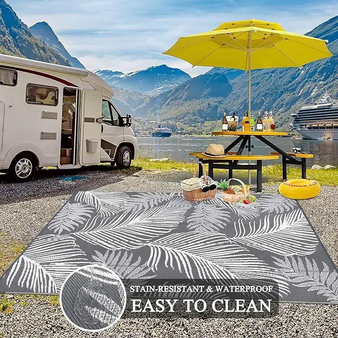 Pauwer Waterproof Outdoor Rug 8x10, Reversible Plastic Straw Patio Camping Rug, Indoor Outdoor RV Mat Carpet for Deck, Camper, Porch, Balcony, Backyard, Picnic, Leaf Grey by GreenHaven Gardens