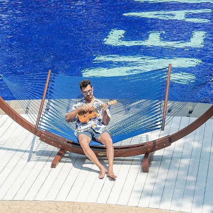 Lazy Daze Hammocks 10.5 FT Double 2 Person Caribbean Rope Hammock, Hand Woven Polyester Hammock with Spreader Bars, for Outside Outdoor Backyard Patio Poolside,450 LBS Capacity, Blue by GreenHaven Gardens