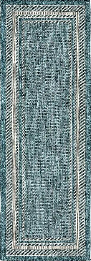 Unique Loom Outdoor Border Collection Area Rug - Soft Border (2'x 6' 1" Runner, Teal/ Ivory) by GreenHaven Gardens