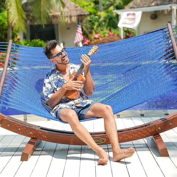 Lazy Daze Hammocks 10.5 FT Double 2 Person Caribbean Rope Hammock, Hand Woven Polyester Hammock with Spreader Bars, for Outside Outdoor Backyard Patio Poolside,450 LBS Capacity, Blue by GreenHaven Gardens