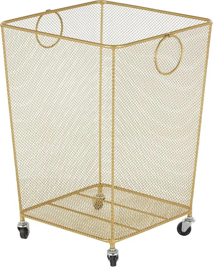 Deco 79 Metal Storage Cart Square Mesh Wire Rolling Laundry with Ring Handles, 17" x 16" x 24", Gold by GreenHaven Gardens